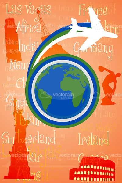 Earth Logo with White Silhouette Plane on Orange Touristic Sites Background